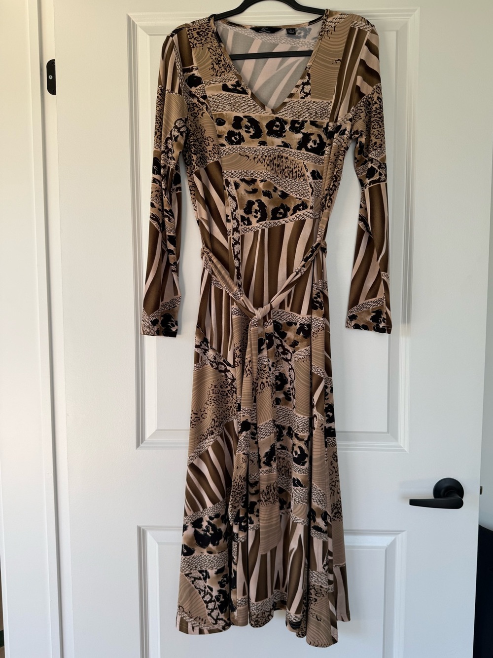 Nina Leonard Beige & Black Long Sleeve Wrap-Style Midi Dress